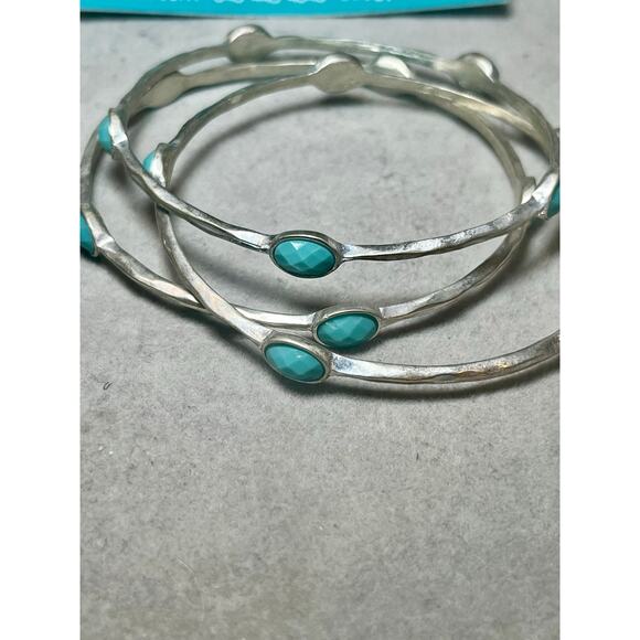 Julie Vos Silver Tone Turquoise Stone Bangle Stacking Bracelet Set of 3 Layer - Picture 4 of 7